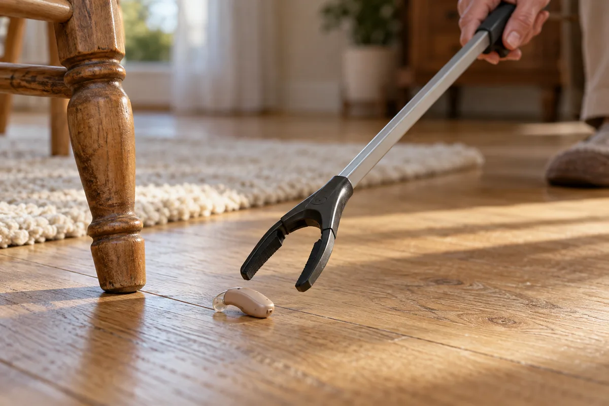 Pince de préhension à long manche approchant un minuscule appareil auditif tombé sur un parquet clair