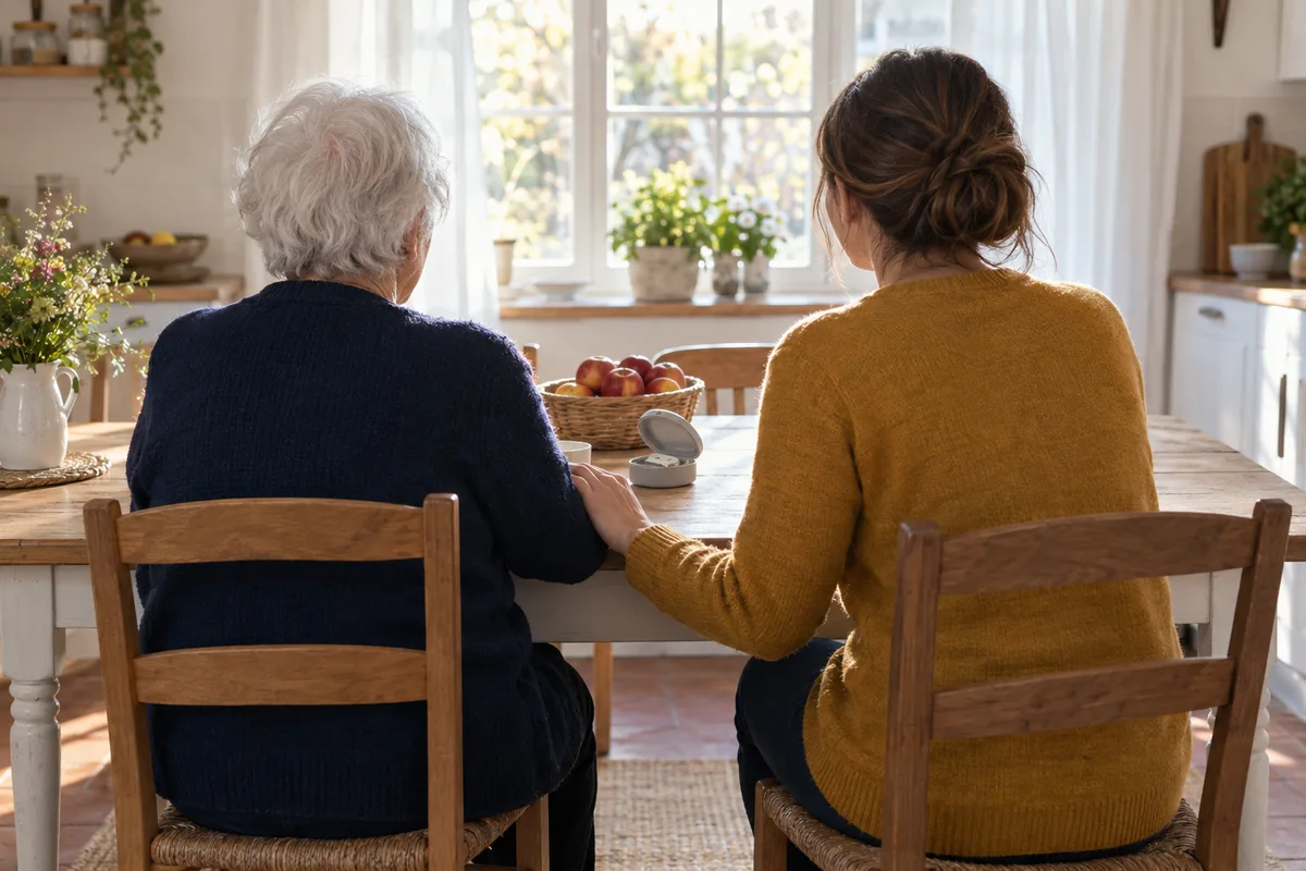 Deux personnes vues de dos à une table de cuisine, un petit étui gris ouvert entre elles