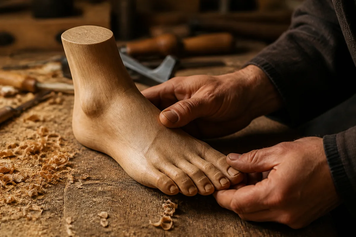 Mains d’un artisan ajustant une forme en bois de pied sur un établi d’atelier