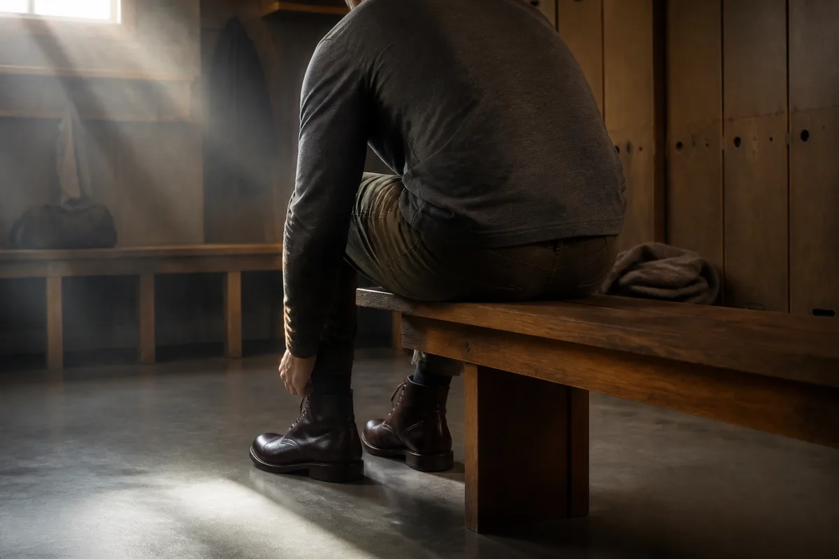 Homme assis de dos sur un banc de vestiaire, chaussures montantes en cuir aux pieds, lumière matinale
