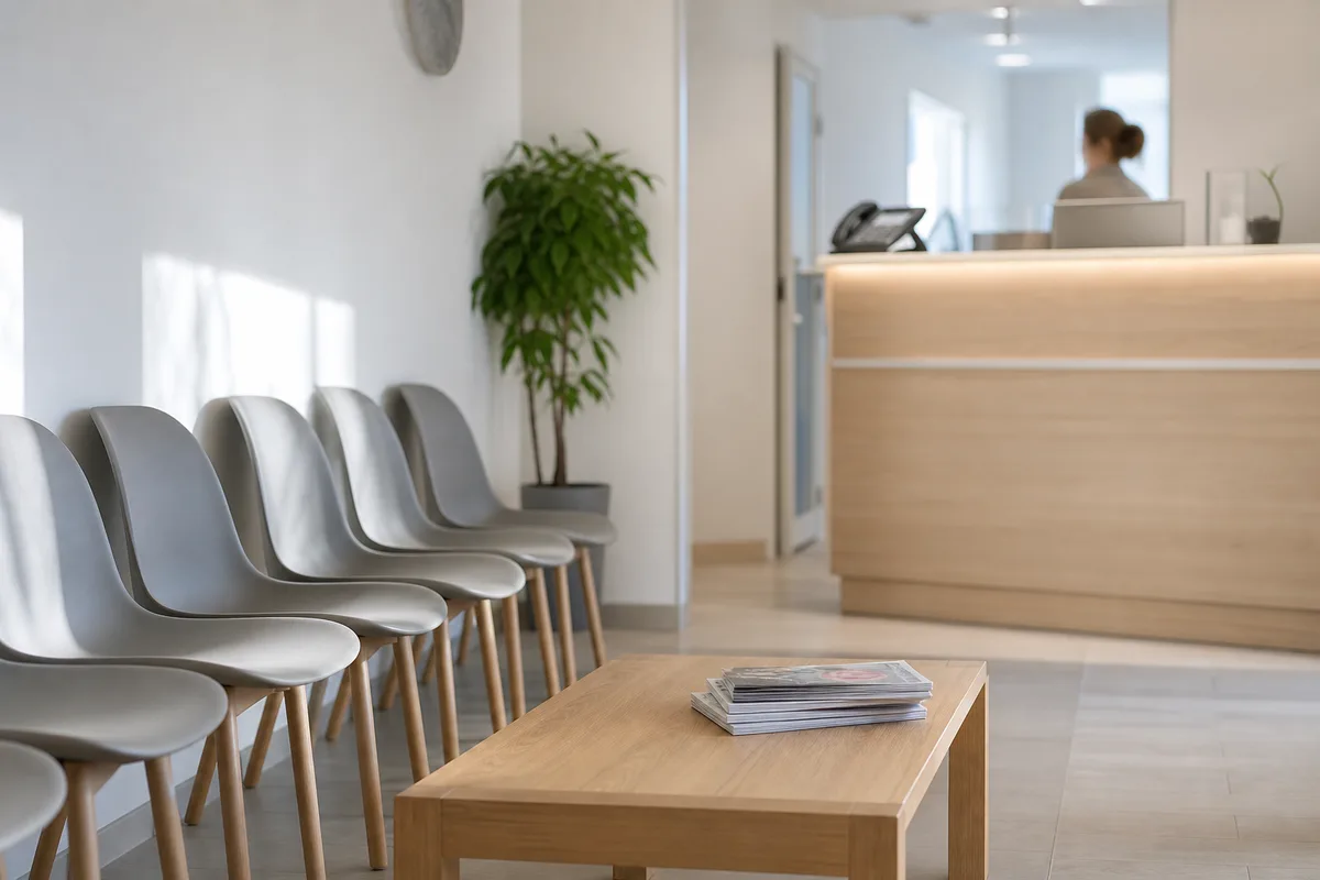Salle d’attente lumineuse d’un cabinet de chirurgie orthopédique en France
