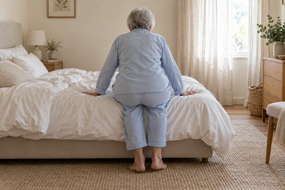 Personne vue de dos assise au bord d’un lit, prête à se lever dans une chambre baignée de lumière matinale