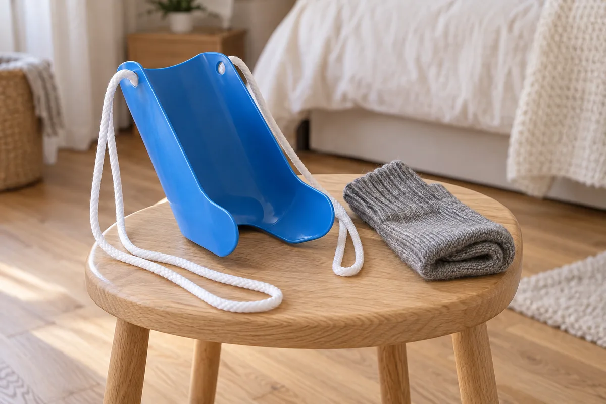 Enfile-chaussettes en plastique souple posé sur un tabouret en bois près d’une chaussette de laine grise