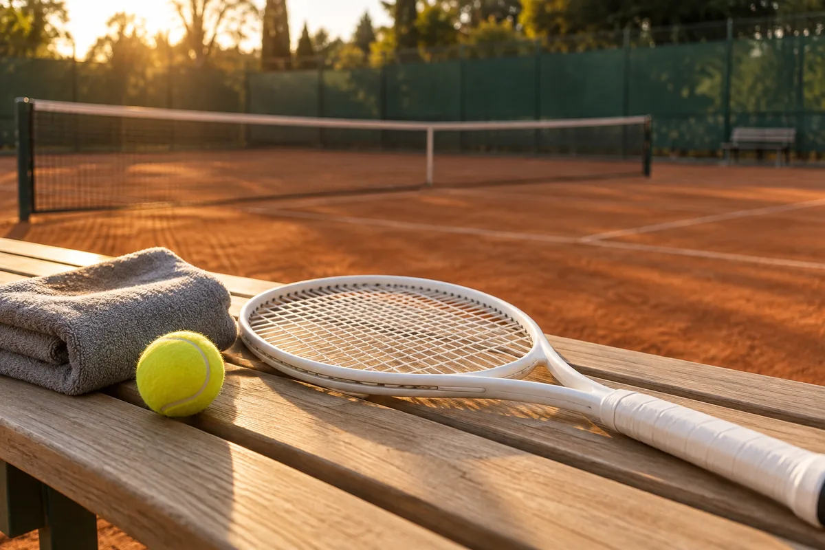 Raquette de tennis blanche posée sur un banc en bois au bord d&rsquo;un court en terre battue vide