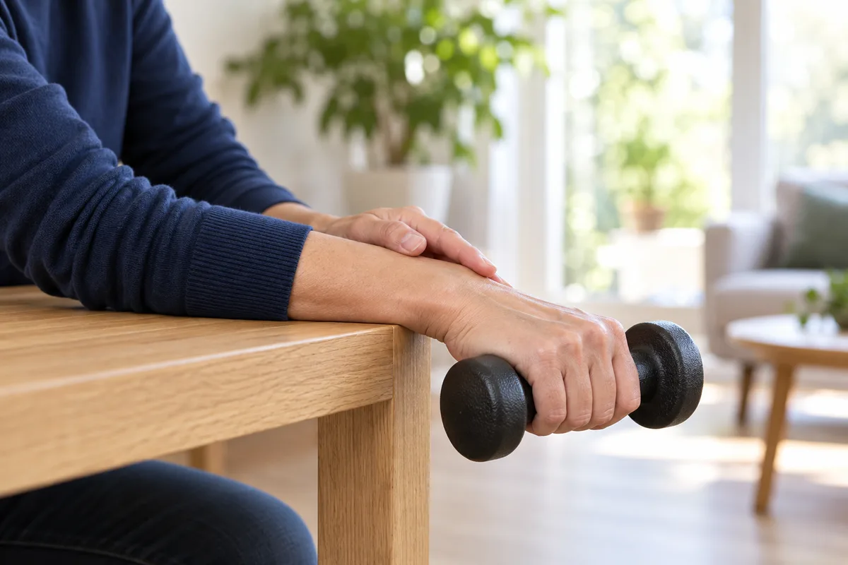 Avant-bras posé sur une table, main tenant un petit haltère noir pour un exercice excentrique du poignet