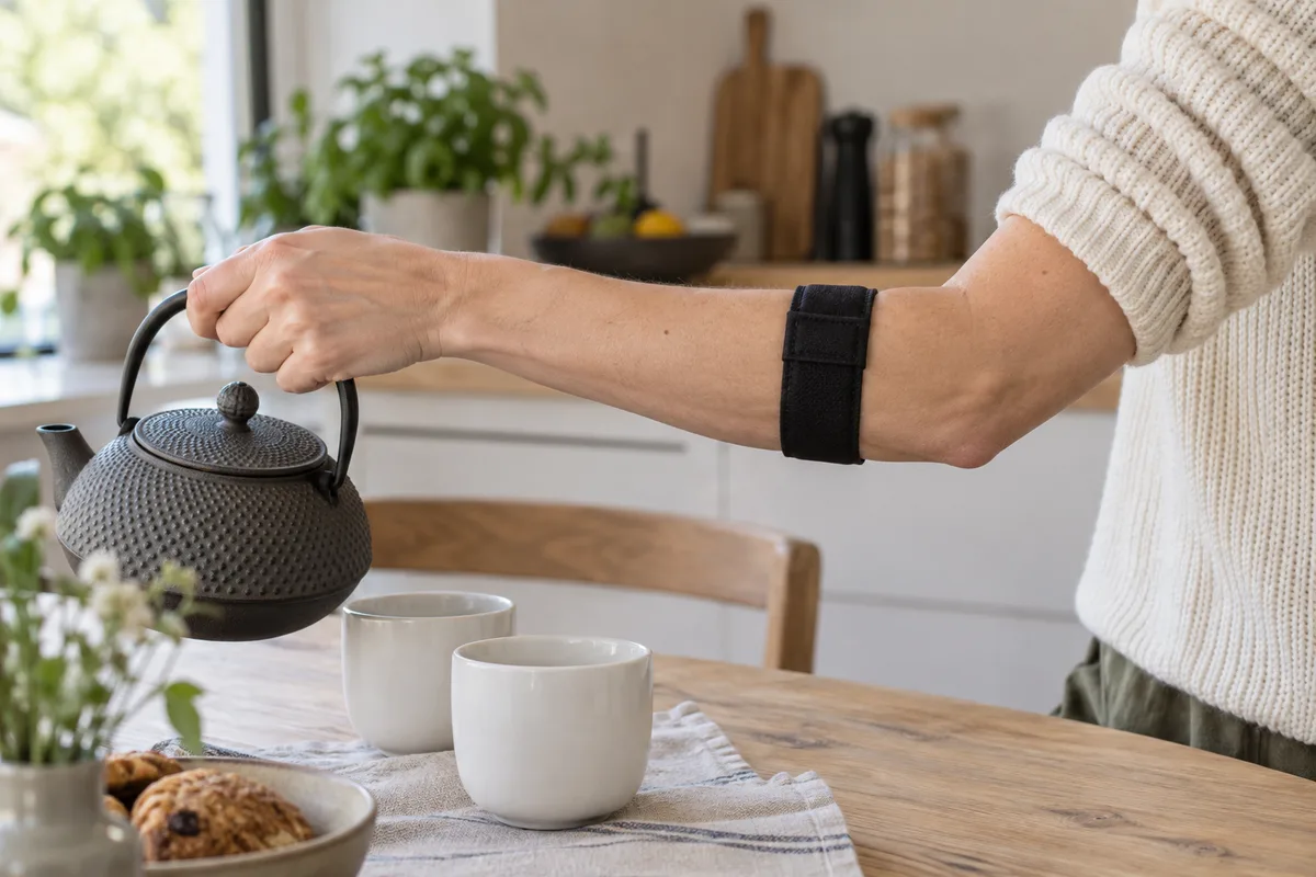 Avant-bras portant un bracelet épicondylien noir sous le coude, main soulevant une théière