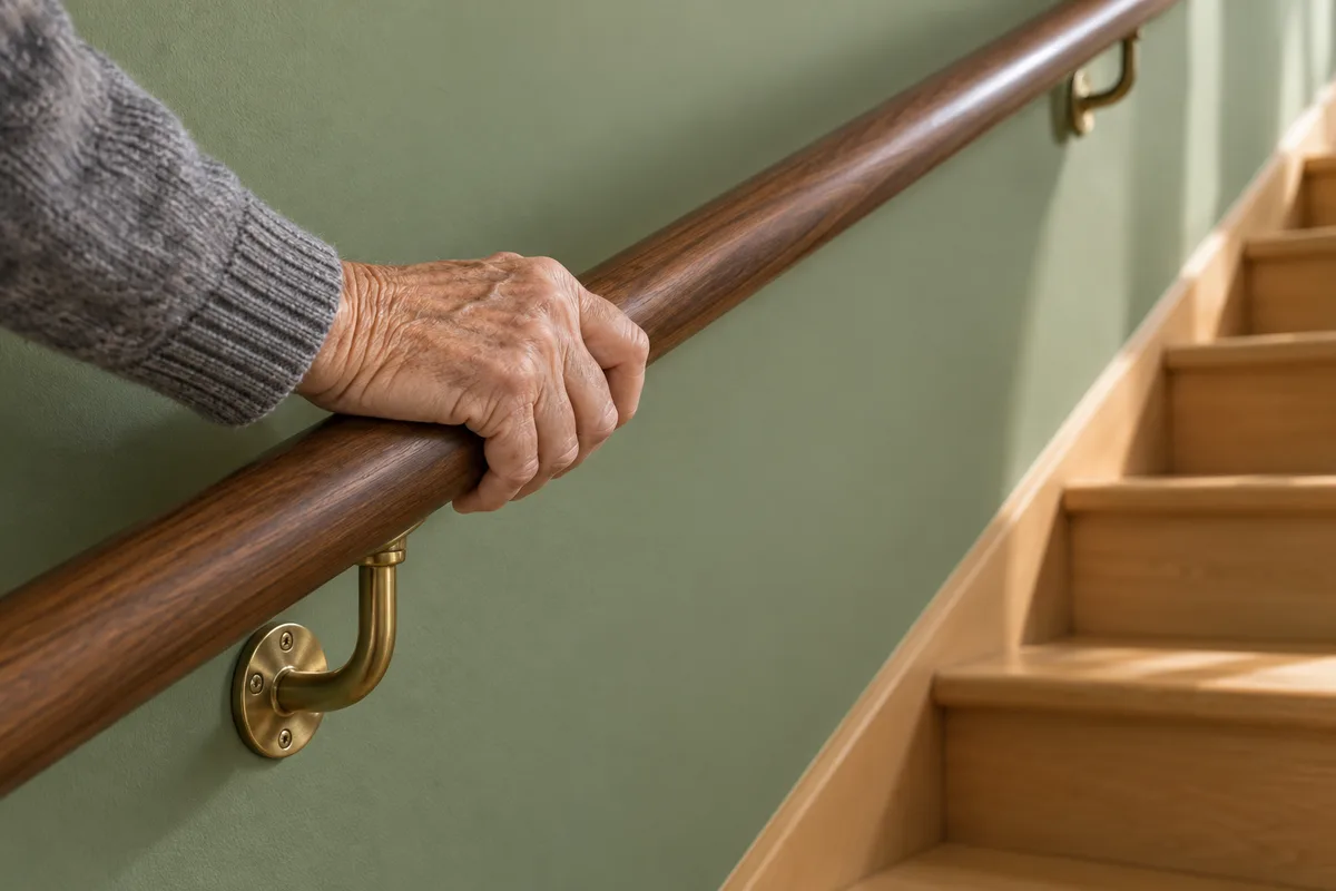 Main posée sur une main courante en noyer le long d’un escalier droit aux marches de hêtre miel
