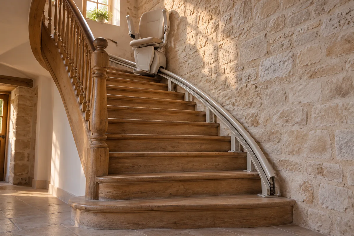 Escalier tournant en bois blond équipé d’un rail de monte-escalier et d’un siège beige garé en haut de la volée