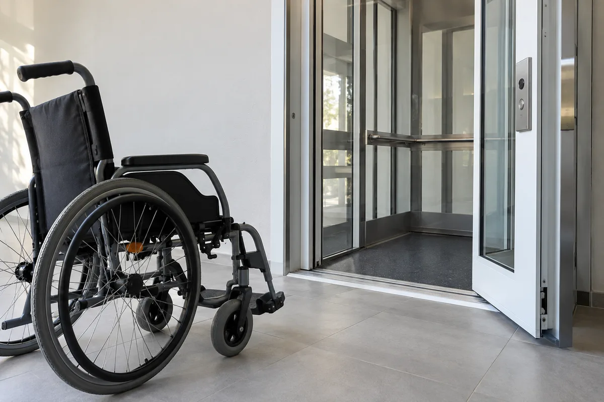 Fauteuil roulant vide devant le seuil bas d’une cabine d’ascenseur privatif posée sur un carrelage gris clair