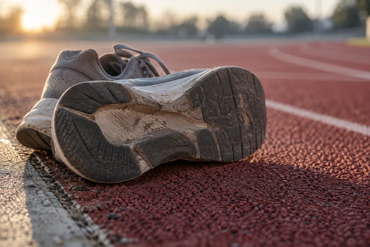 Chaussures de course usées posées au bord d&rsquo;une piste d&rsquo;athlétisme au petit matin