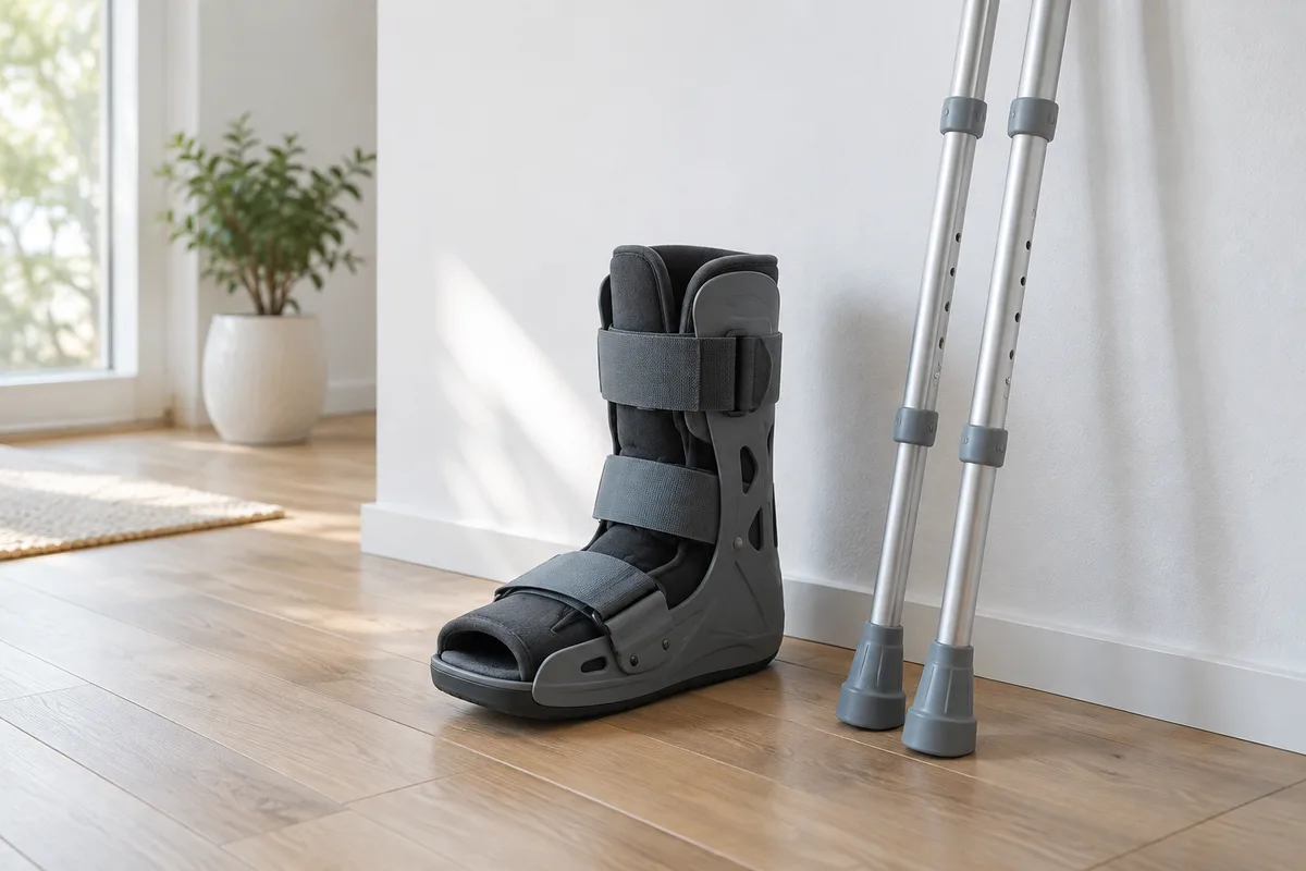 Botte de marche unie posée près d&rsquo;une paire de béquilles dans une pièce claire