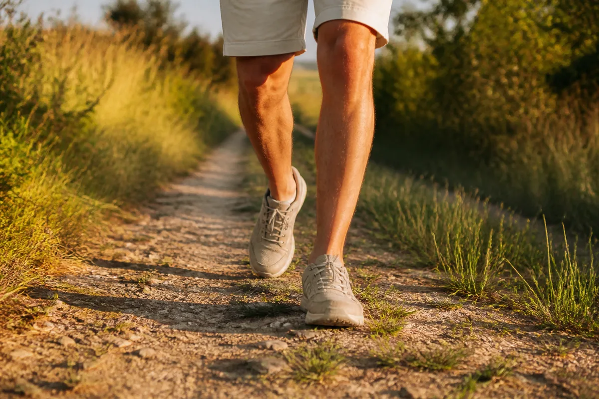 Marche en extérieur sur un chemin de campagne pour activer la pompe musculaire du mollet