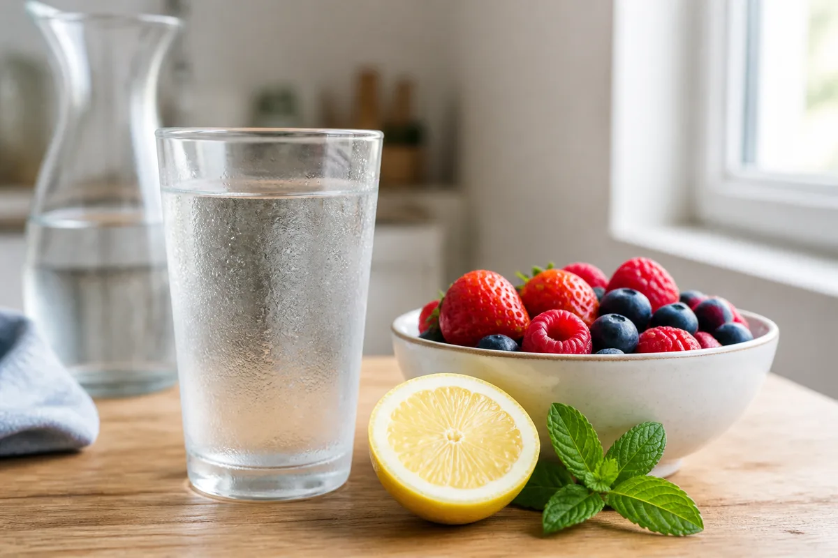 Verre d’eau fraîche et fruits frais posés sur une table en bois près d’une fenêtre