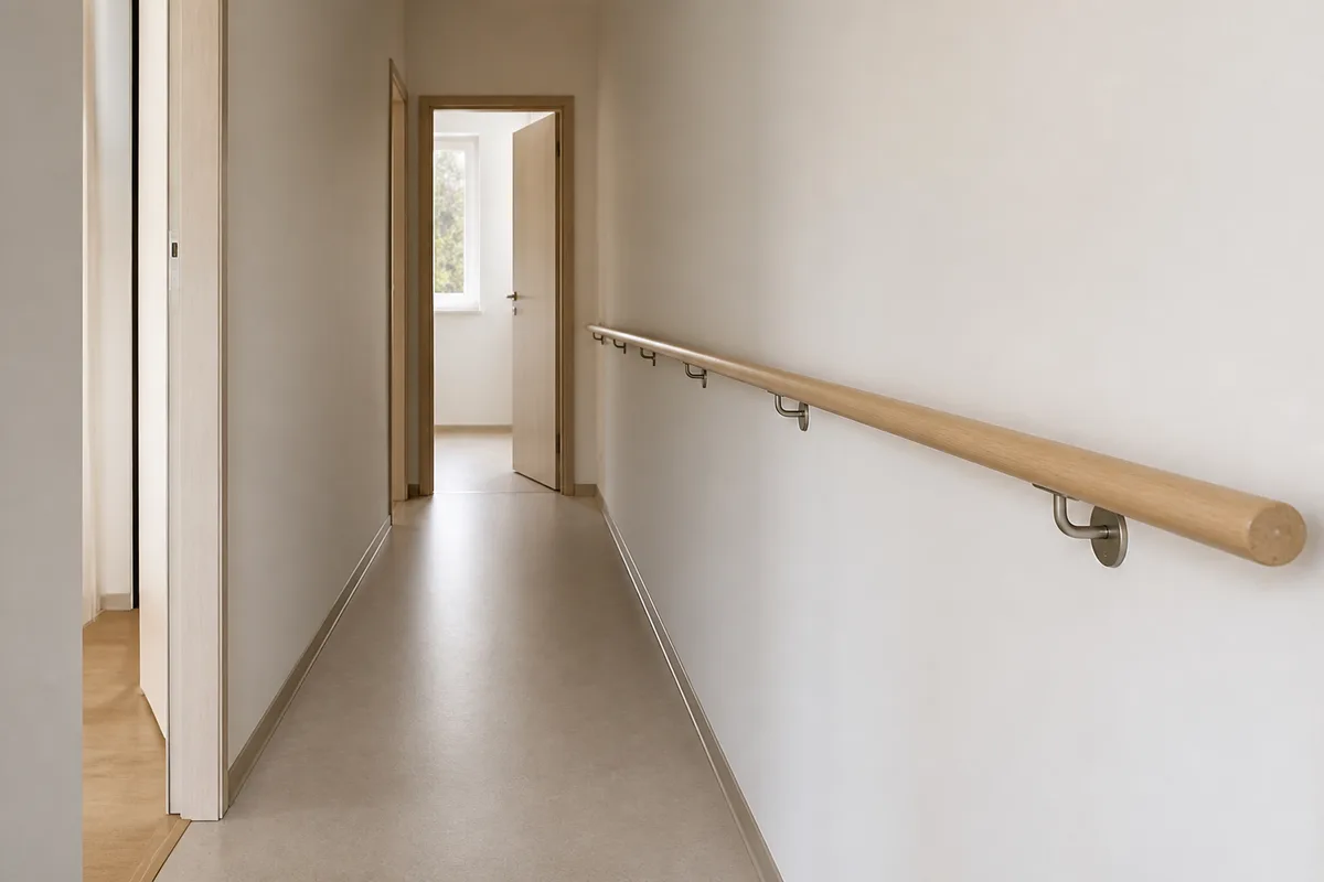 Couloir lumineux d’un logement, main courante fixée le long du mur, sol dégagé et lisse