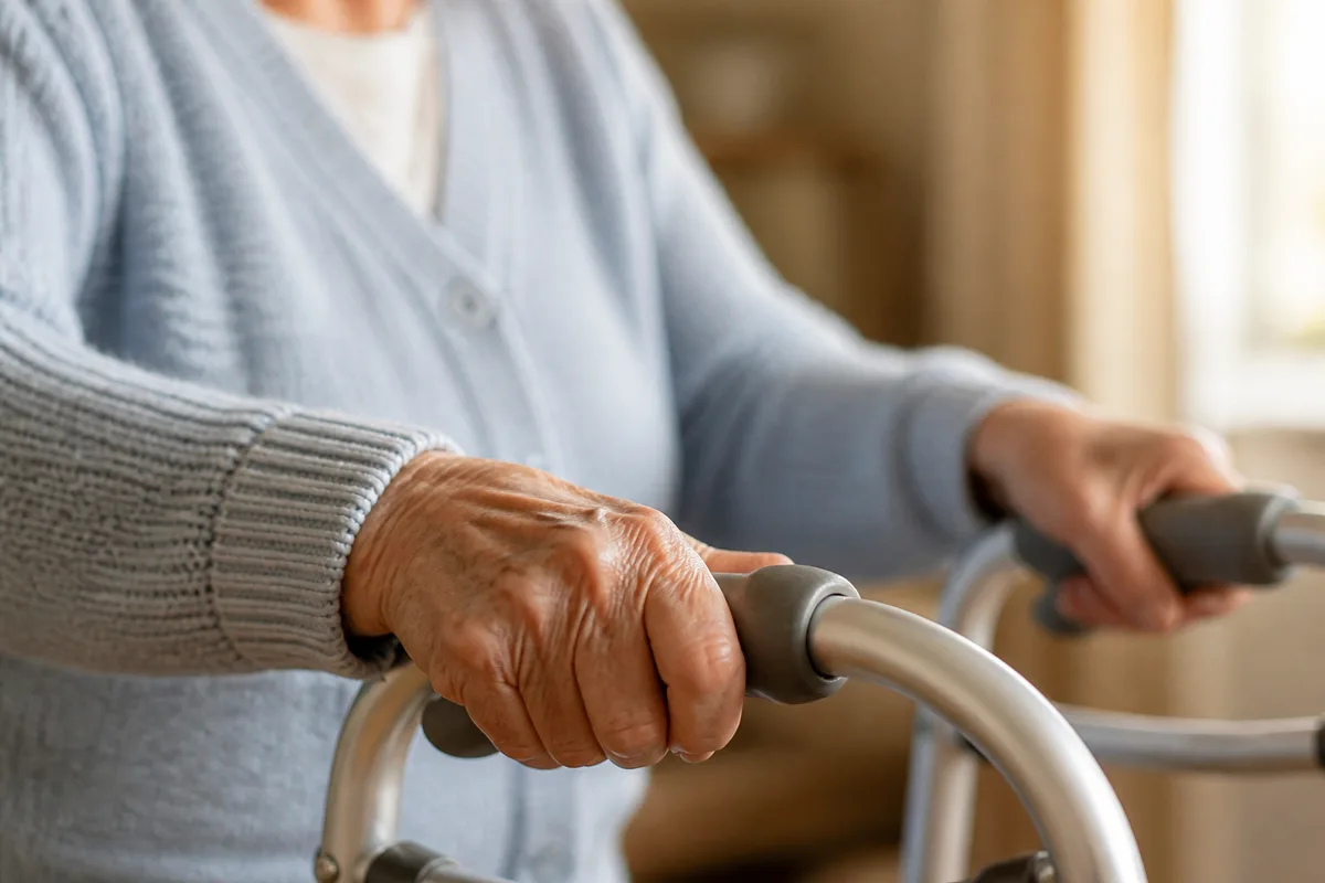 Mains d’une personne âgée posées sur la poignée ergonomique d’un déambulateur, lumière douce d’un salon