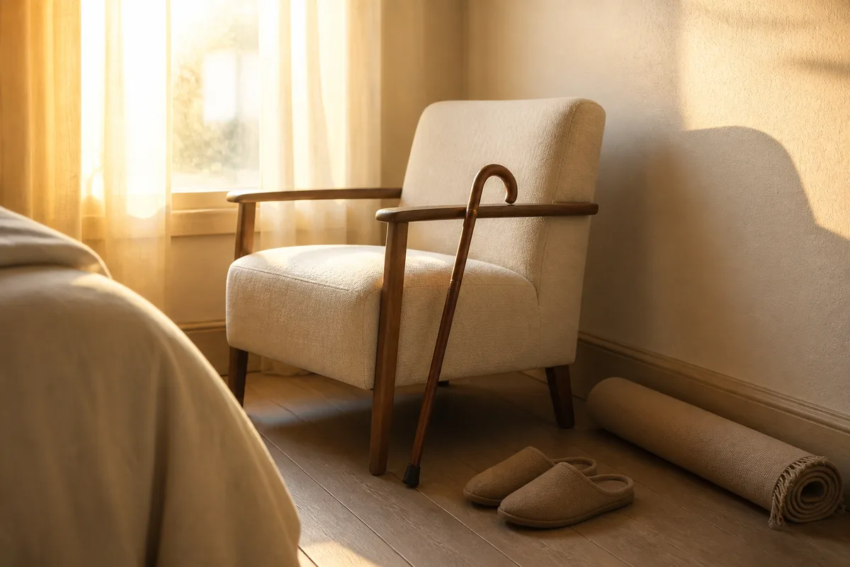 Fauteuil en tissu clair près d’une fenêtre, canne posée à portée de main, lumière naturelle de fin de journée