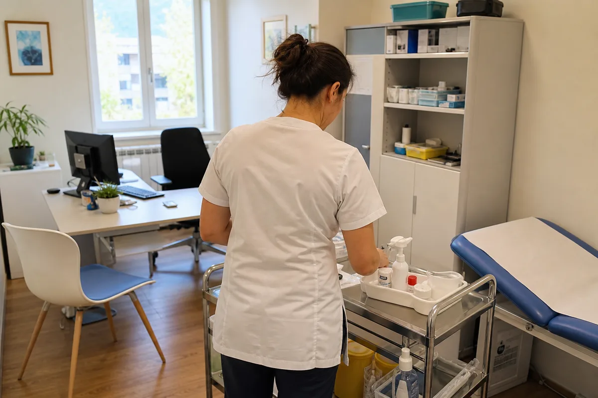 Infirmière de dos préparant du matériel de soin dans un cabinet médical