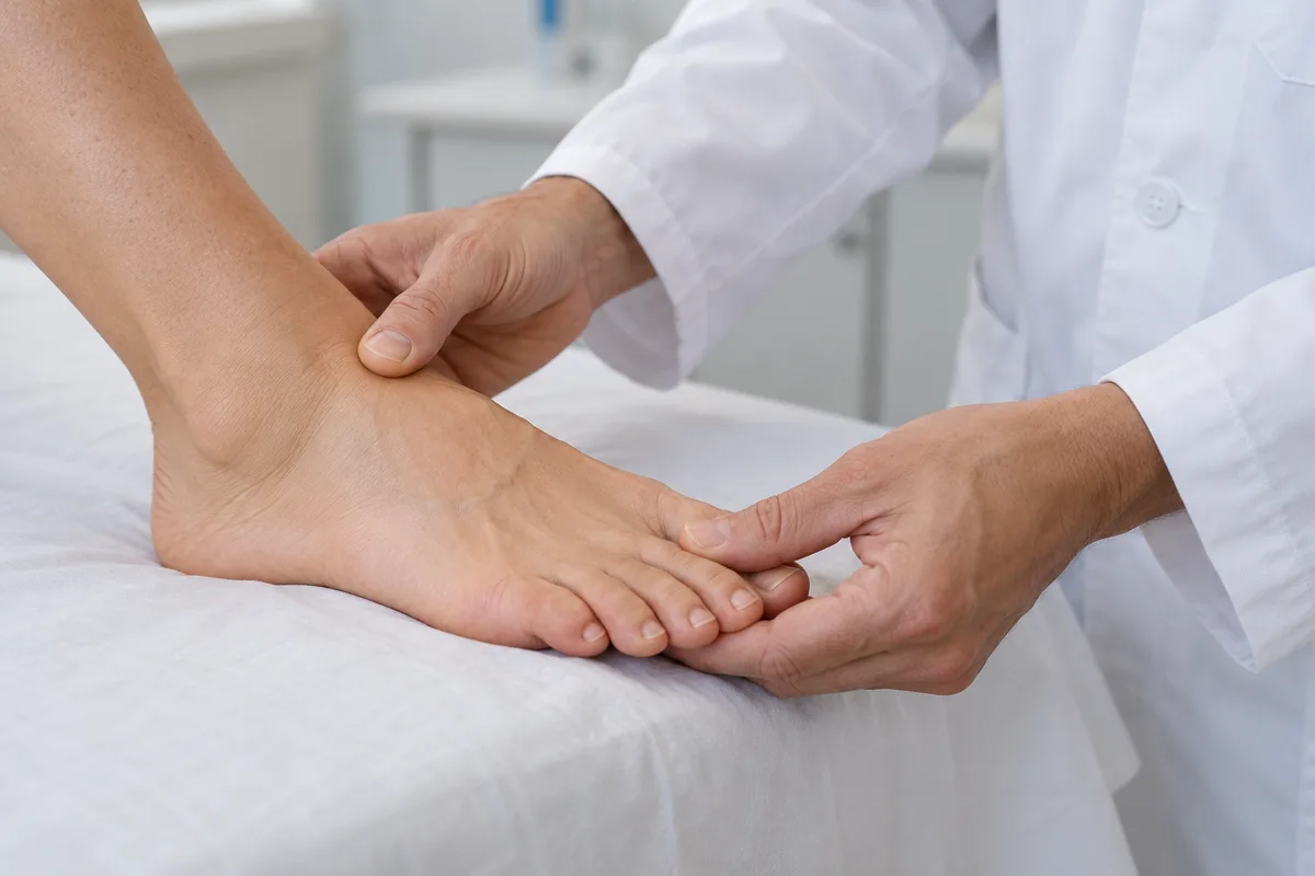 Mains d&rsquo;un praticien examinant l&rsquo;avant-pied d&rsquo;un patient assis