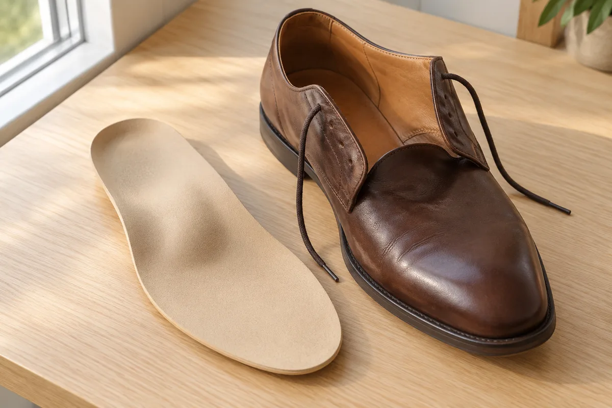 Semelle orthopédique beige posée à côté d&rsquo;une chaussure de ville ouverte