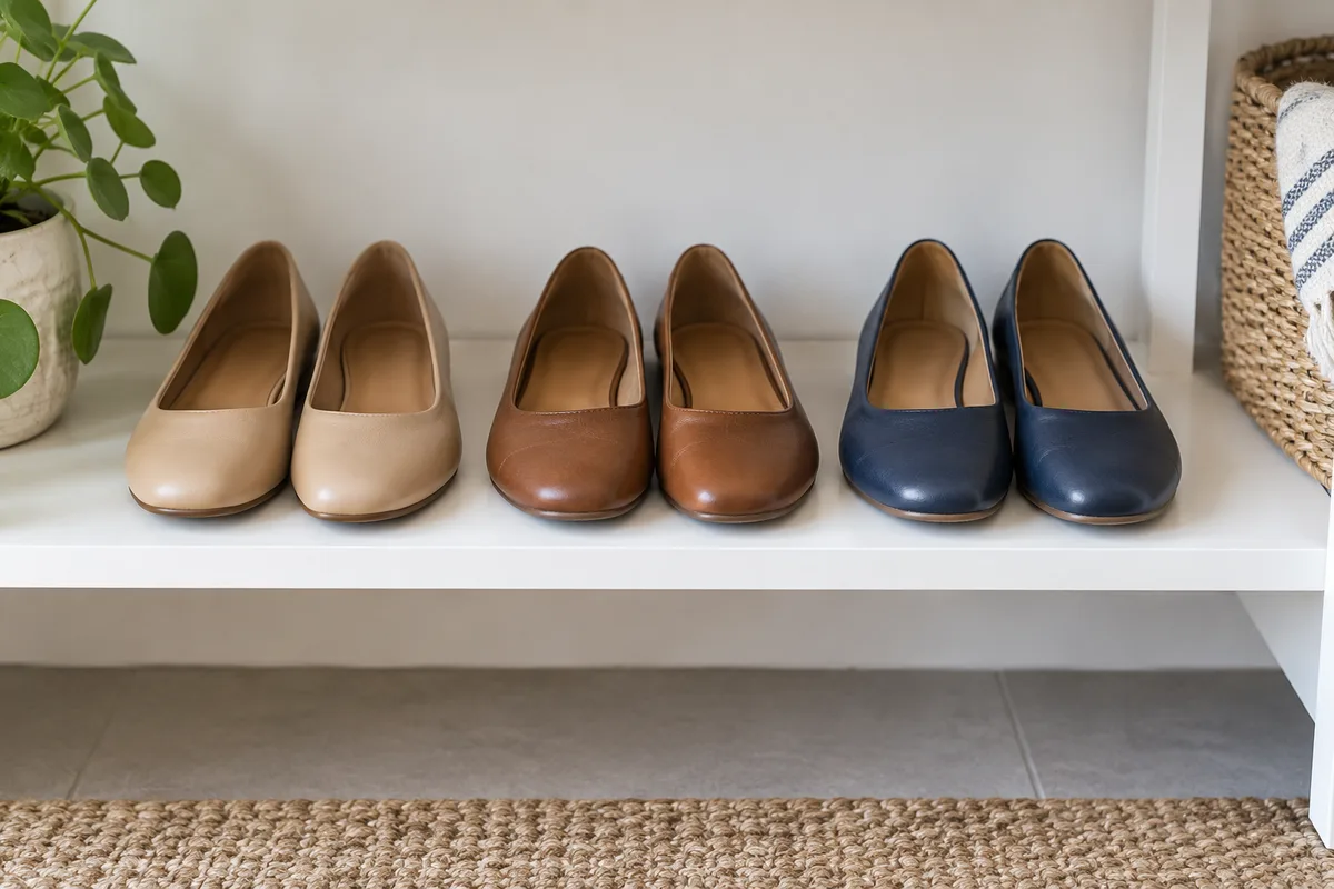 Chaussures plates à bout large alignées sur une étagère blanche