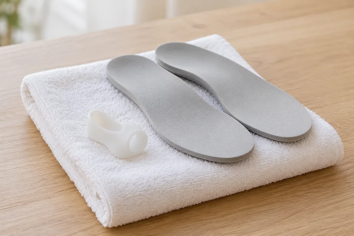 Orthèse d&rsquo;orteil en silicone blanc et paire de semelles grises posées sur une serviette pliée