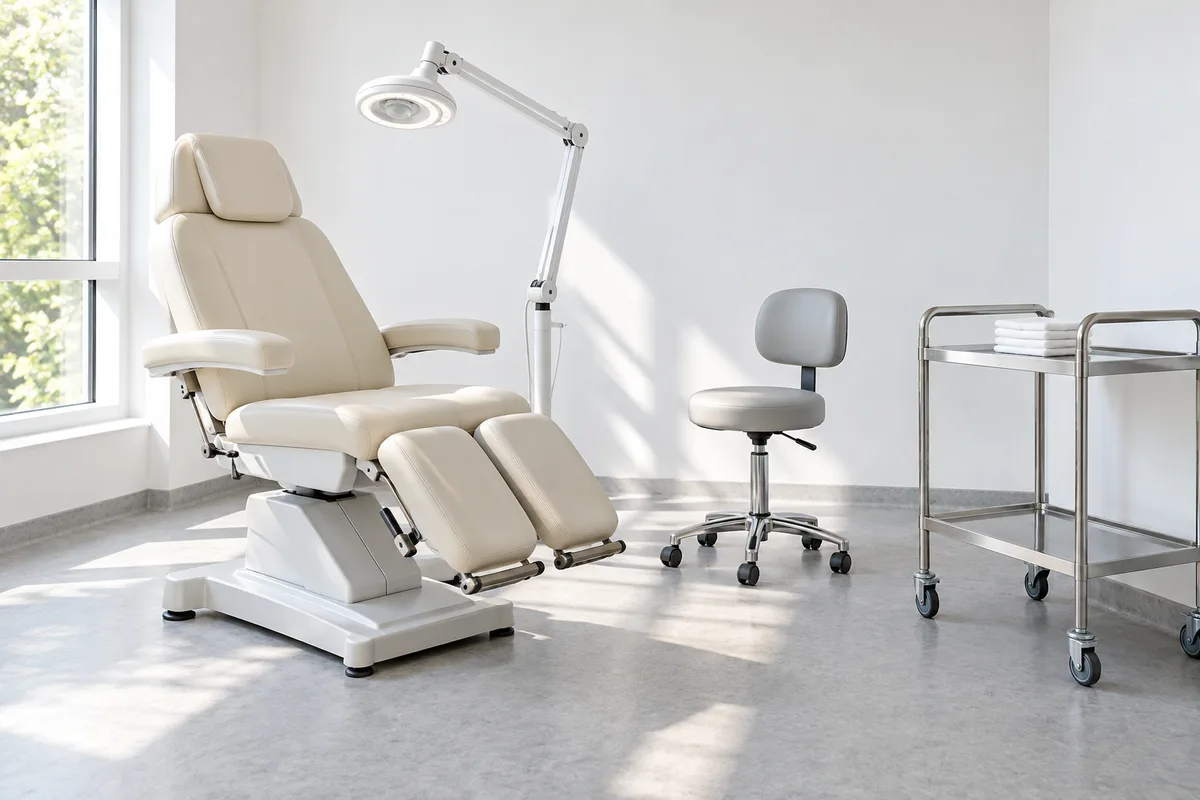 Cabinet de pédicurie-podologie vide avec fauteuil de soins et lampe d&rsquo;examen