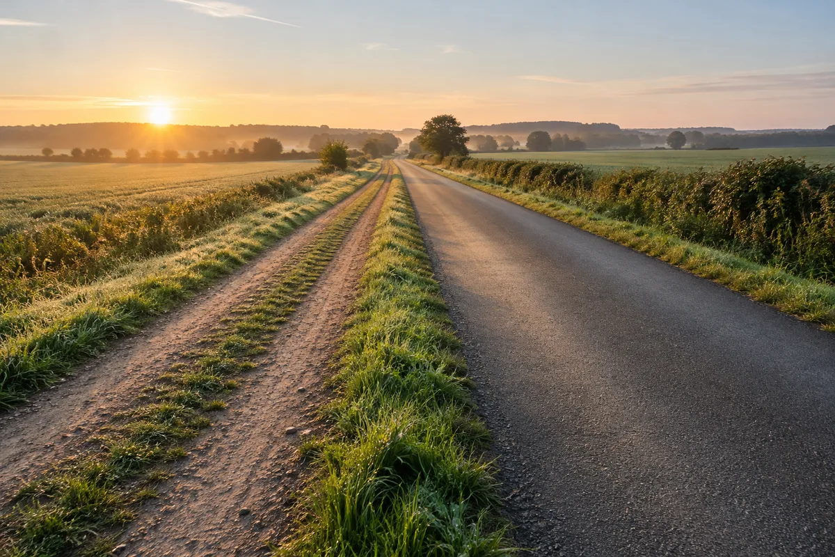 Route goudronnée bombée et chemin de terre souple côte à côte dans une campagne vide au petit matin