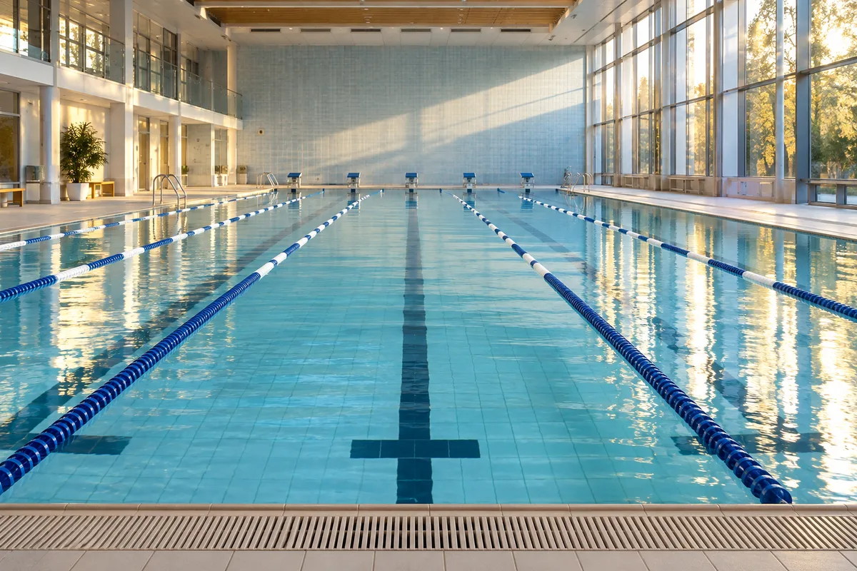 Piscine couverte vide aux lignes d&rsquo;eau tendues sous la lumière du matin