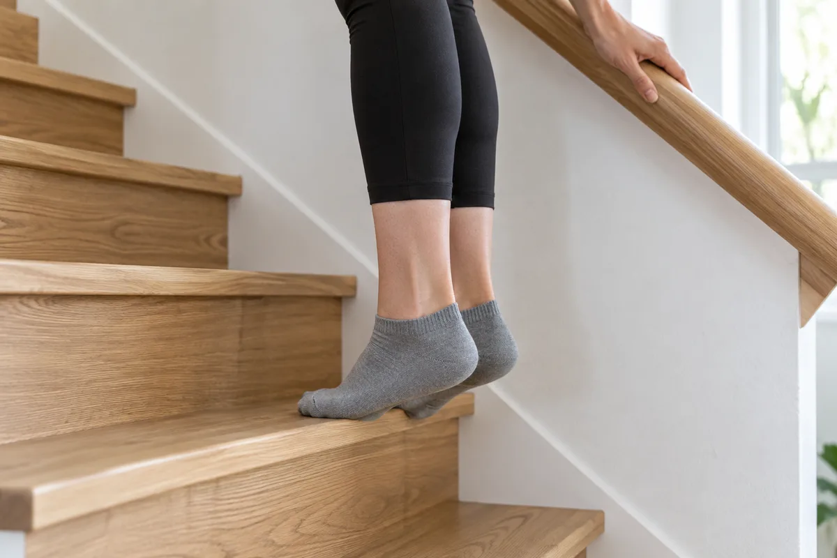 Pieds en chaussettes grises posés au bord d&rsquo;une marche d&rsquo;escalier en bois, talons dans le vide