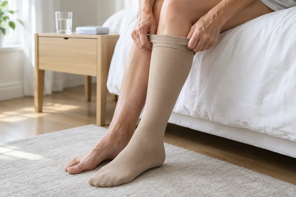 Mains qui ajustent un bas de contention sur un mollet au bord d&rsquo;un lit