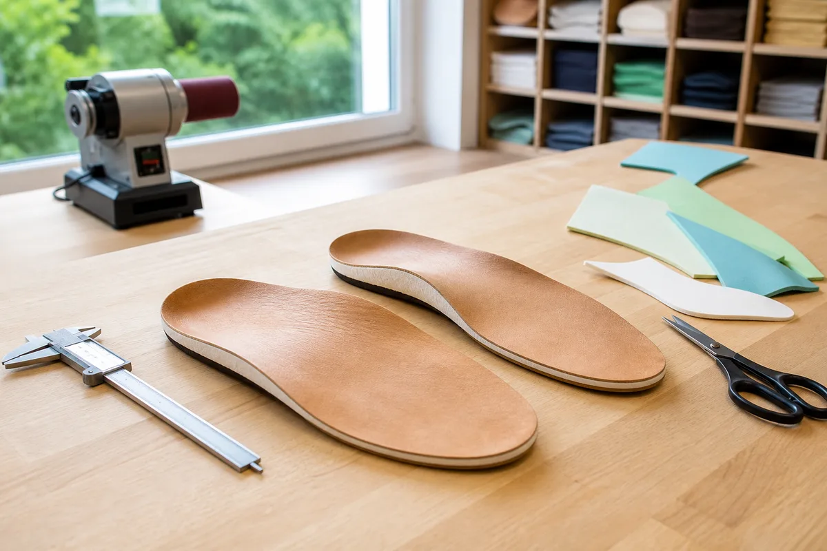 Semelles orthopédiques et outils posés sur le plan de travail d&rsquo;un atelier de podologie