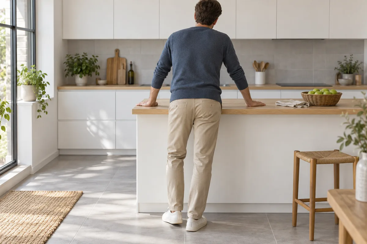 Personne vue de dos, appuyée des deux mains au bord d&rsquo;un plan de travail, le buste penché en avant