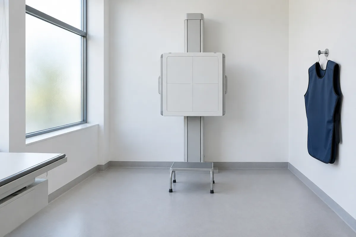 Salle de radiologie vide équipée d&rsquo;un panneau détecteur vertical pour les clichés debout