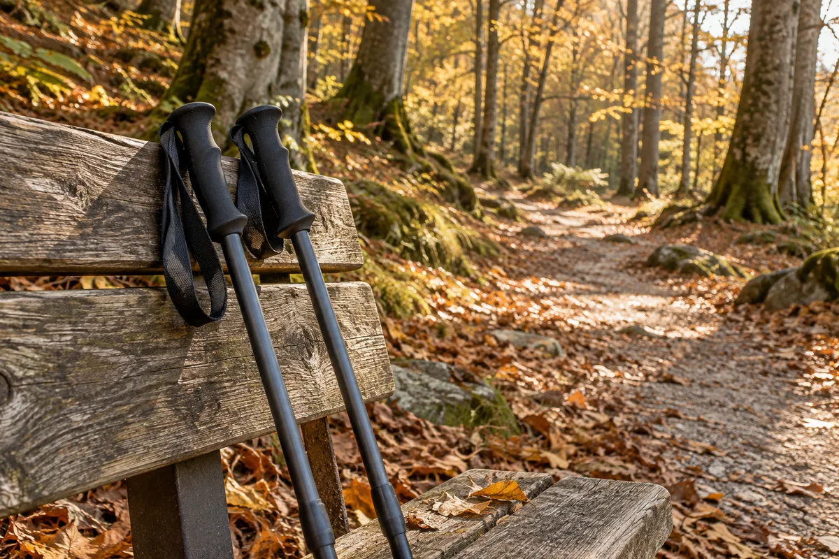 Deux bâtons de marche nordique appuyés contre un banc en bois à l&rsquo;orée d&rsquo;un sous-bois