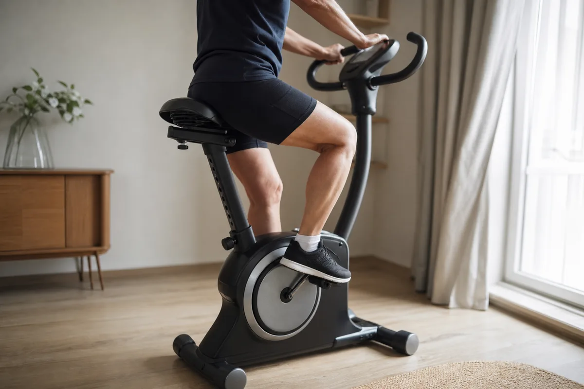 Personne pédalant à faible intensité sur un vélo d’appartement pour mobiliser le genou sans impact