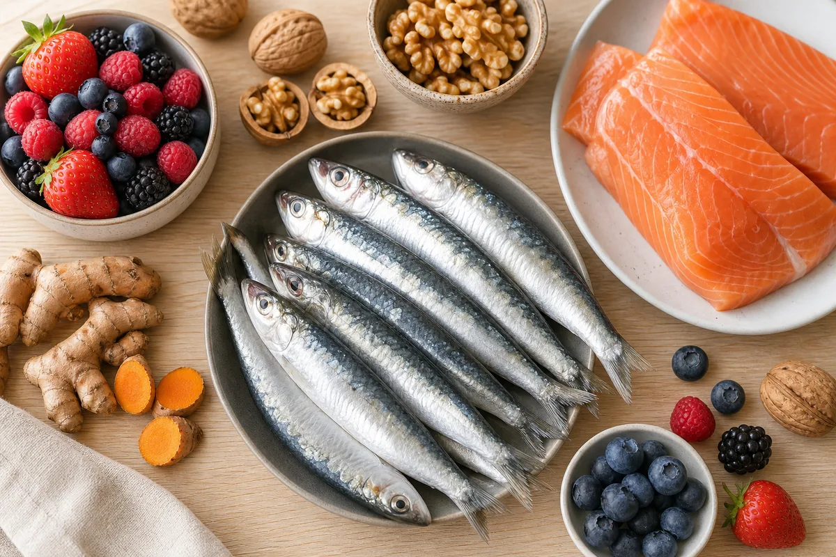 Étal de poissons gras, fruits rouges et curcuma composant une alimentation anti-inflammatoire