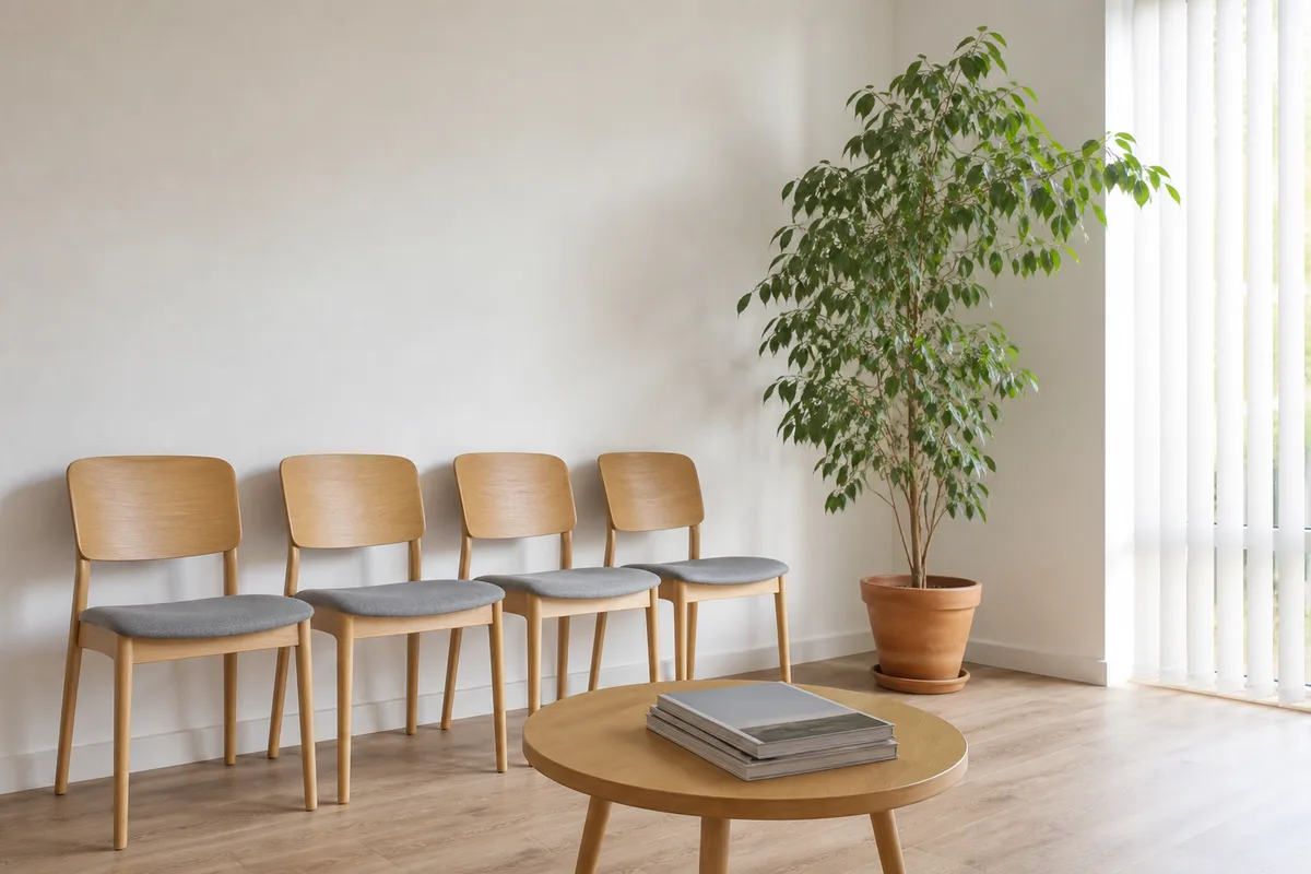 Salle d’attente d’un cabinet paramédical français, chaises alignées et plante verte