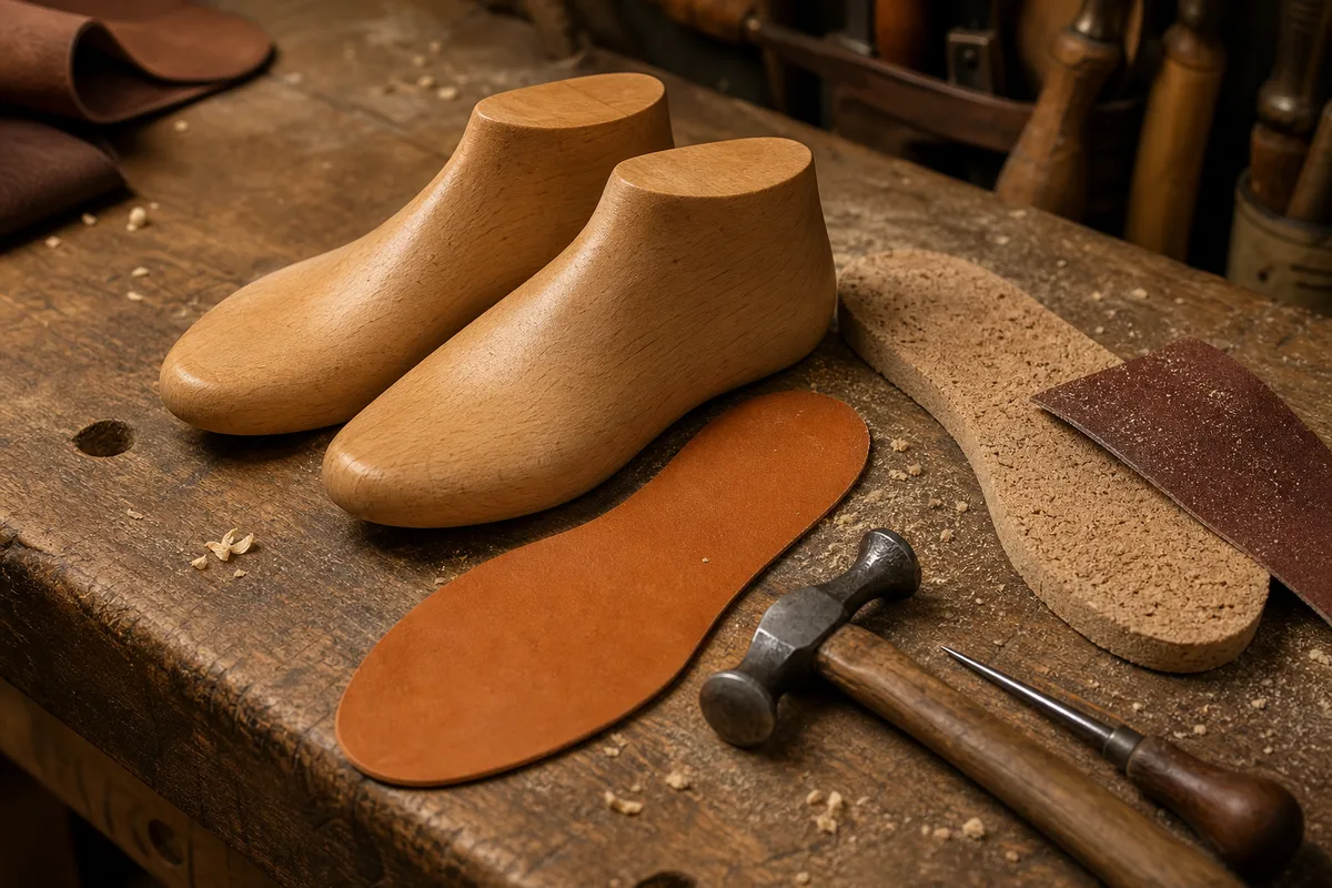 Atelier de podo-orthésie, formes en bois, cuir découpé et outils à main sur un établi