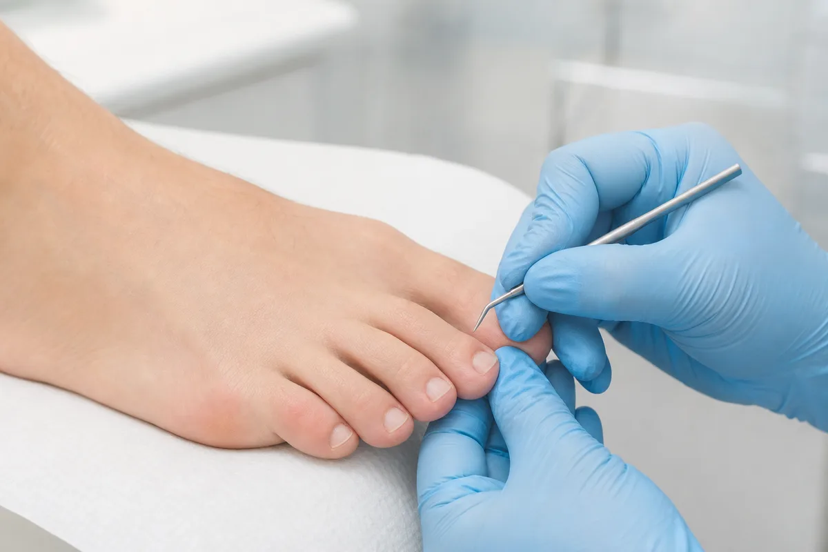 Séance de soin podologique, mains gantées travaillant sur un avant-pied