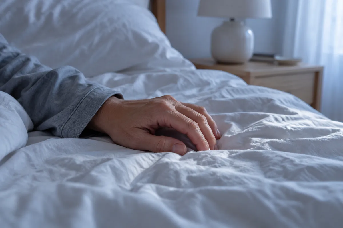Main posée sur un drap blanc froissé dans la lumière bleutée d’une chambre au petit matin