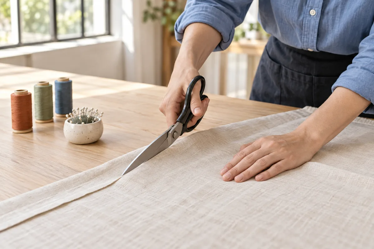 Mains qui découpent un tissu de lin avec de grands ciseaux, poignet droit, sur une table de coupe en bois clair