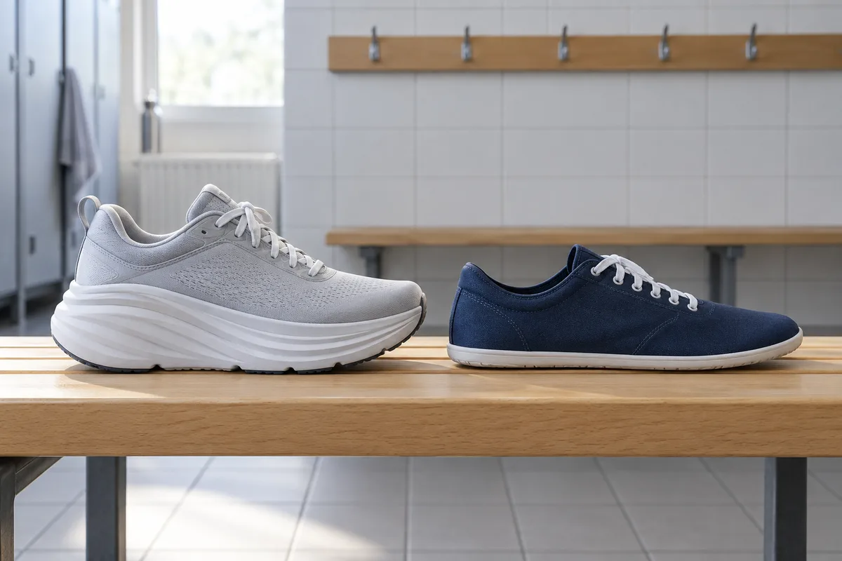 Chaussure de course à semelle épaisse posée à côté d&rsquo;un modèle minimaliste très plat sur un banc en bois de vestiaire