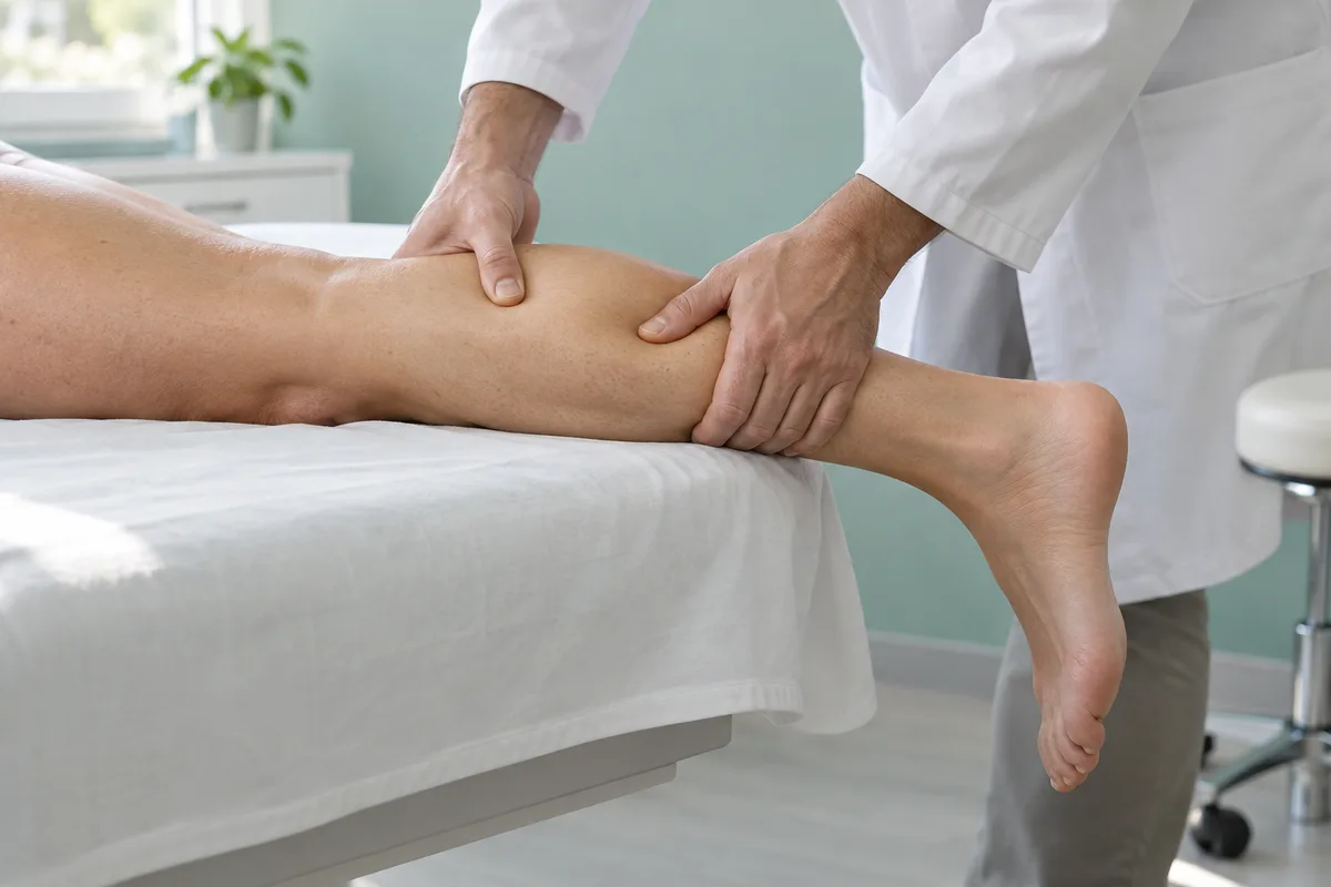 Mains d&rsquo;un médecin pressant le mollet d&rsquo;une jambe allongée à plat ventre, pied dans le vide au bout d&rsquo;une table d&rsquo;examen