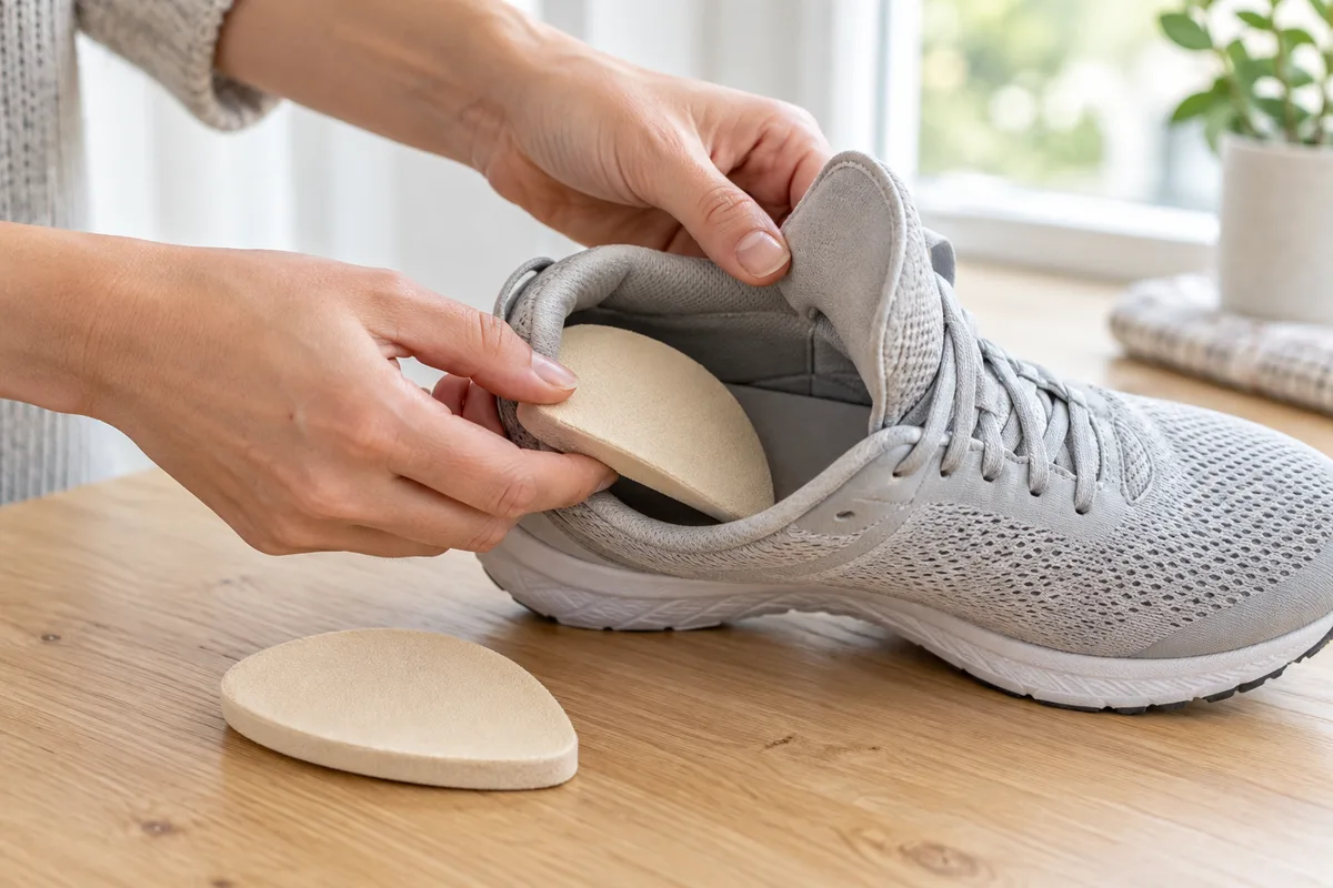 Mains glissant une talonnette en mousse unie dans une chaussure de course grise posée sur une table en bois clair