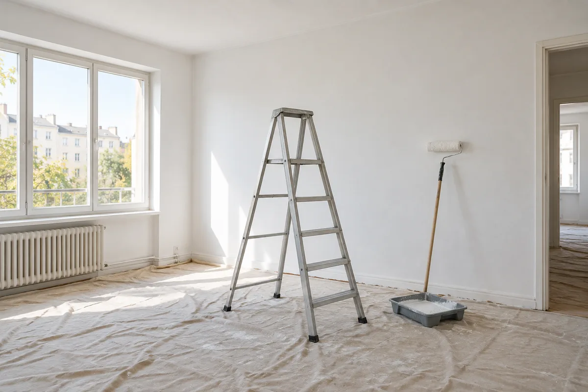 Escabeau et rouleau à peinture sur perche dans une pièce en travaux au plafond fraîchement repeint