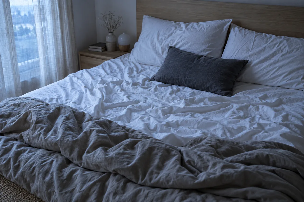 Lit défait à l&rsquo;aube avec un coussin gris calé au milieu des draps pour soutenir le bras