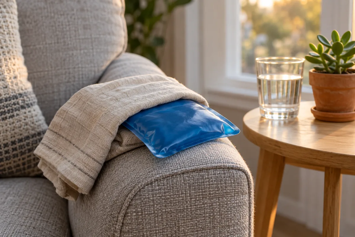 Poche de froid bleue enveloppée dans un torchon en lin posée sur l&rsquo;accoudoir d&rsquo;un fauteuil gris