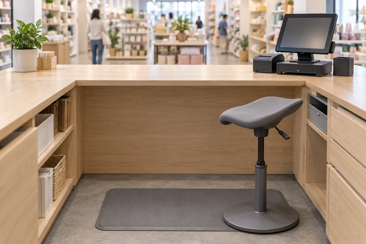 Comptoir de caisse vu de l’arrière, tapis anti-fatigue gris au sol et tabouret assis-debout