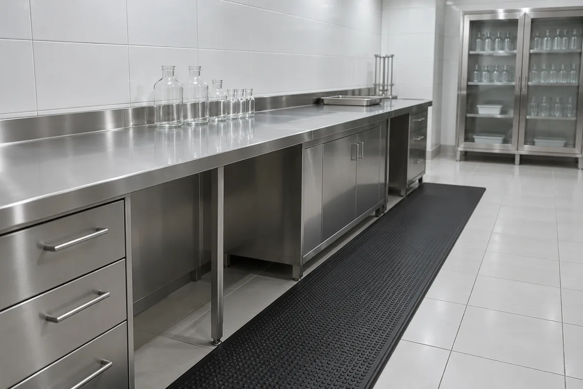 Plan de travail de laboratoire en inox avec un tapis anti-fatigue noir au sol, sous une lumière blanche