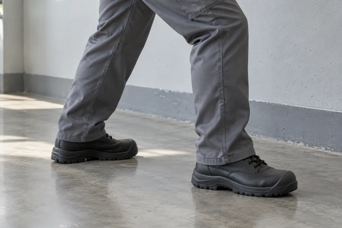 Jambes en pantalon de travail et chaussures de sécurité pendant un étirement du mollet contre un mur d’atelier